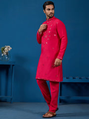Awesome Rani Pink Thread Work Viscose Silk Festival Wear Men Kurta With Pant