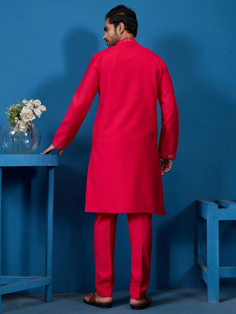 Awesome Rani Pink Thread Work Viscose Silk Festival Wear Men Kurta With Pant
