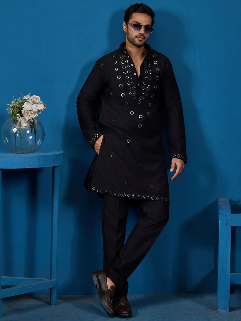 Wonderful Black Mirror Work Viscose Silk Sangeet Wear Men Kurta With Pant