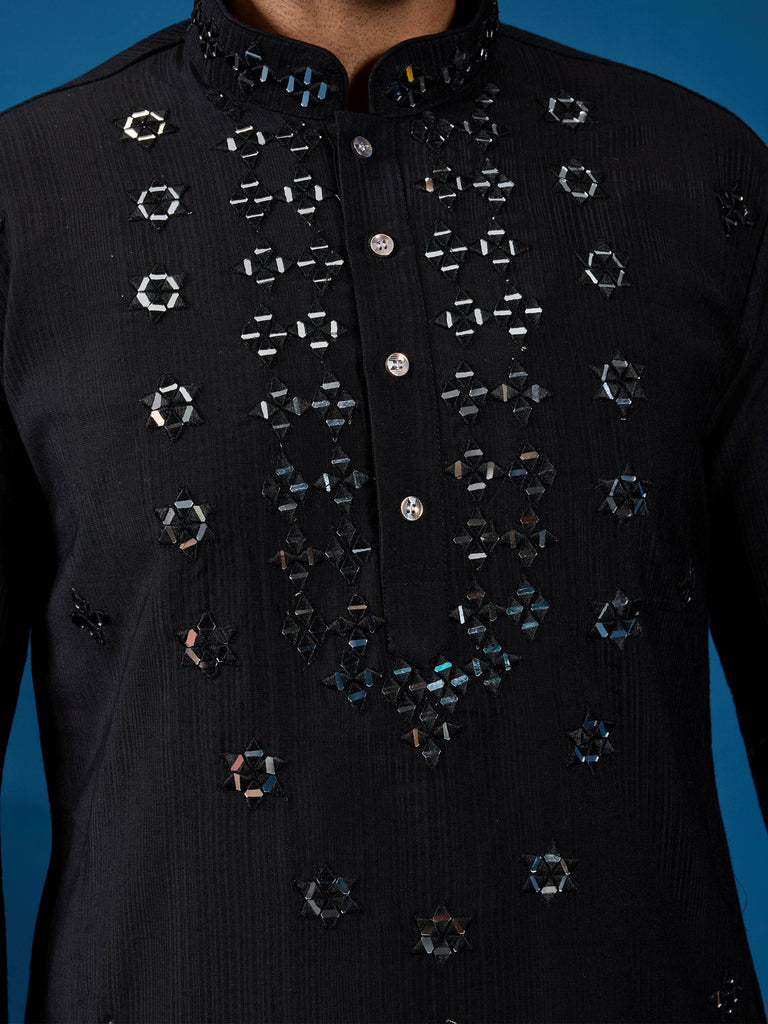Wonderful Black Mirror Work Viscose Silk Sangeet Wear Men Kurta With Pant