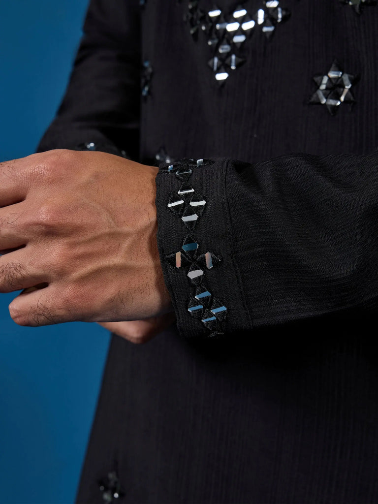 Wonderful Black Mirror Work Viscose Silk Sangeet Wear Men Kurta With Pant