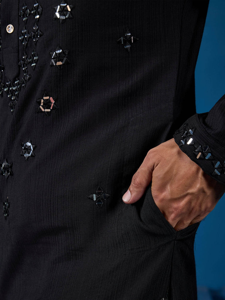 Wonderful Black Mirror Work Viscose Silk Sangeet Wear Men Kurta With Pant