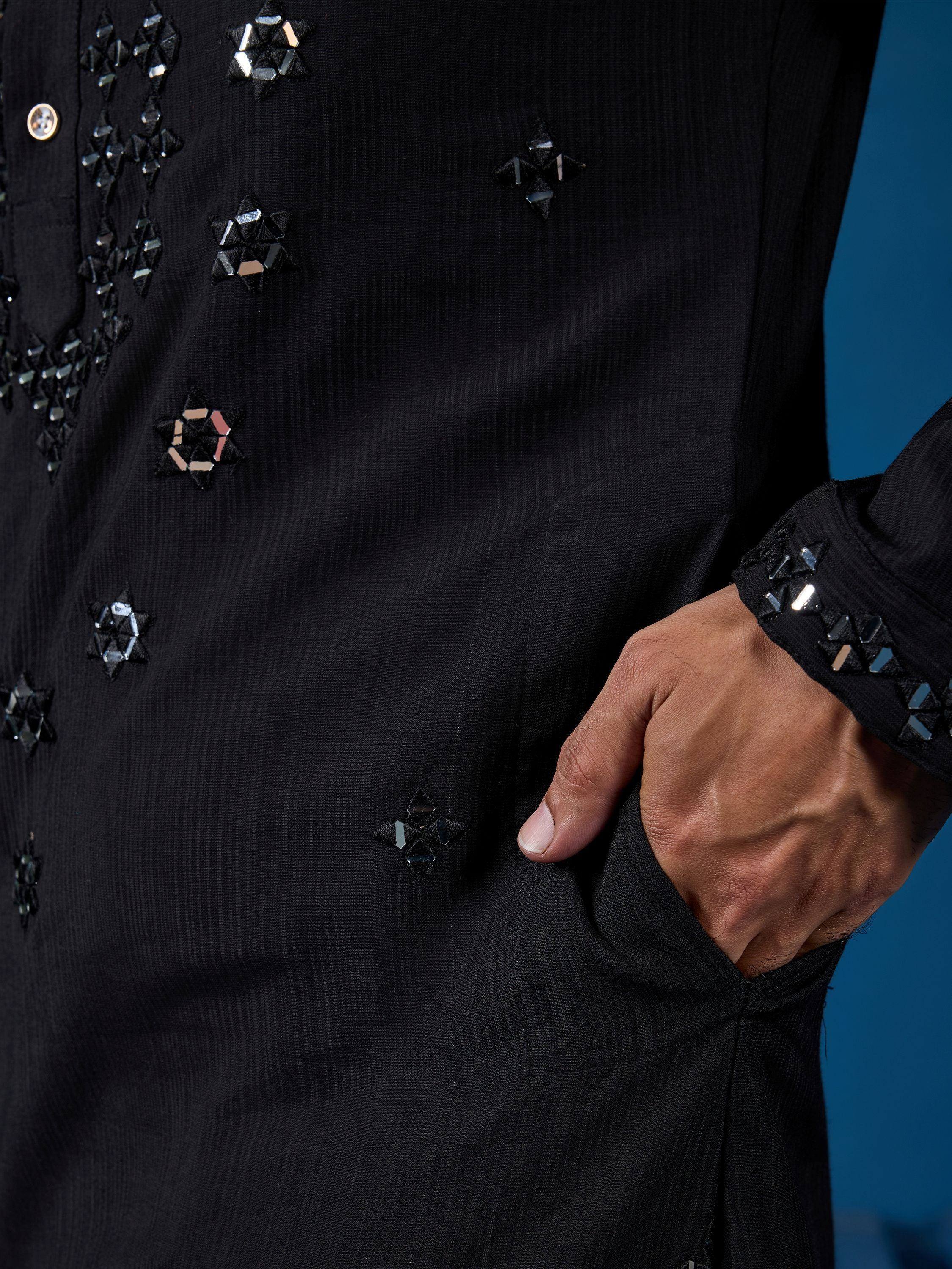 Wonderful Black Mirror Work Viscose Silk Sangeet Wear Men Kurta With Pant