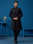 Wonderful Black Mirror Work Viscose Silk Sangeet Wear Men Kurta With Pant
