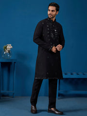 Wonderful Black Mirror Work Viscose Silk Sangeet Wear Men Kurta With Pant