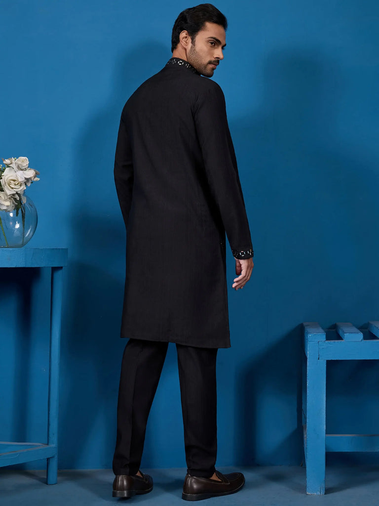 Wonderful Black Mirror Work Viscose Silk Sangeet Wear Men Kurta With Pant