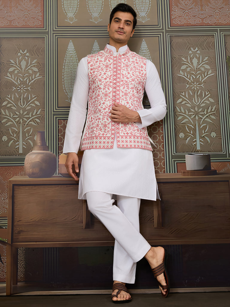 Stunning White Sequins Silk Traditional Men Kurta With Pant And Jacket