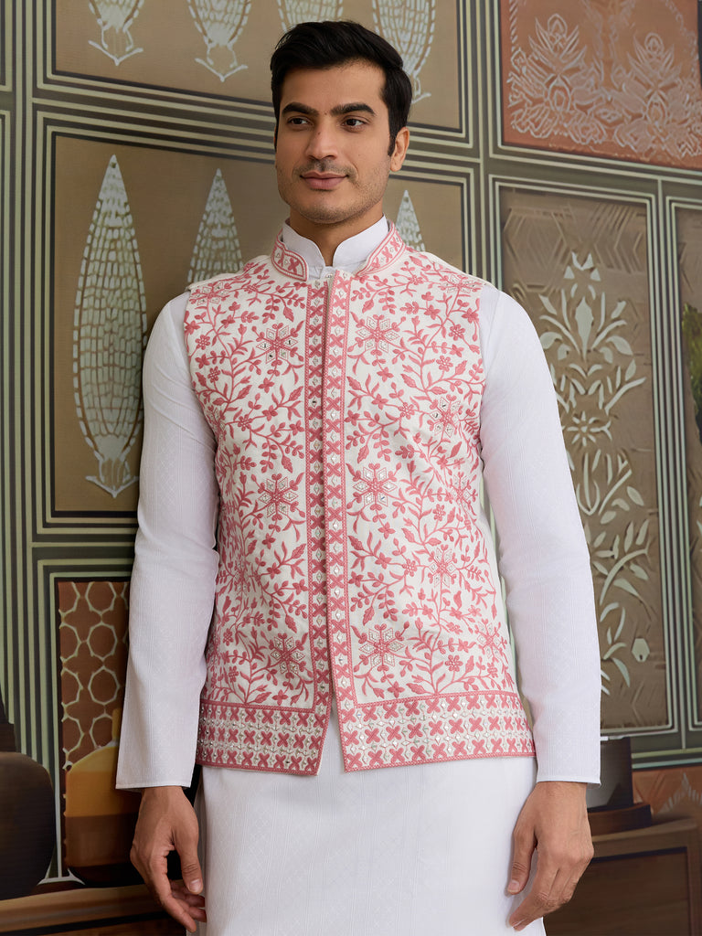 Stunning White Sequins Silk Traditional Men Kurta With Pant And Jacket