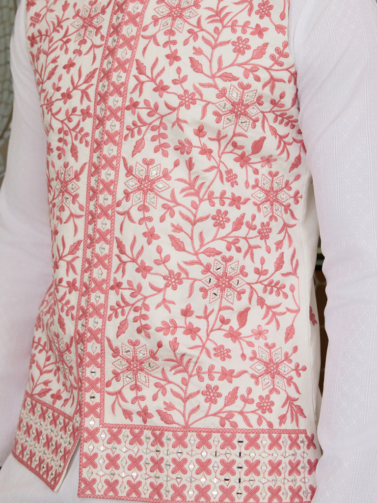 Stunning White Sequins Silk Traditional Men Kurta With Pant And Jacket