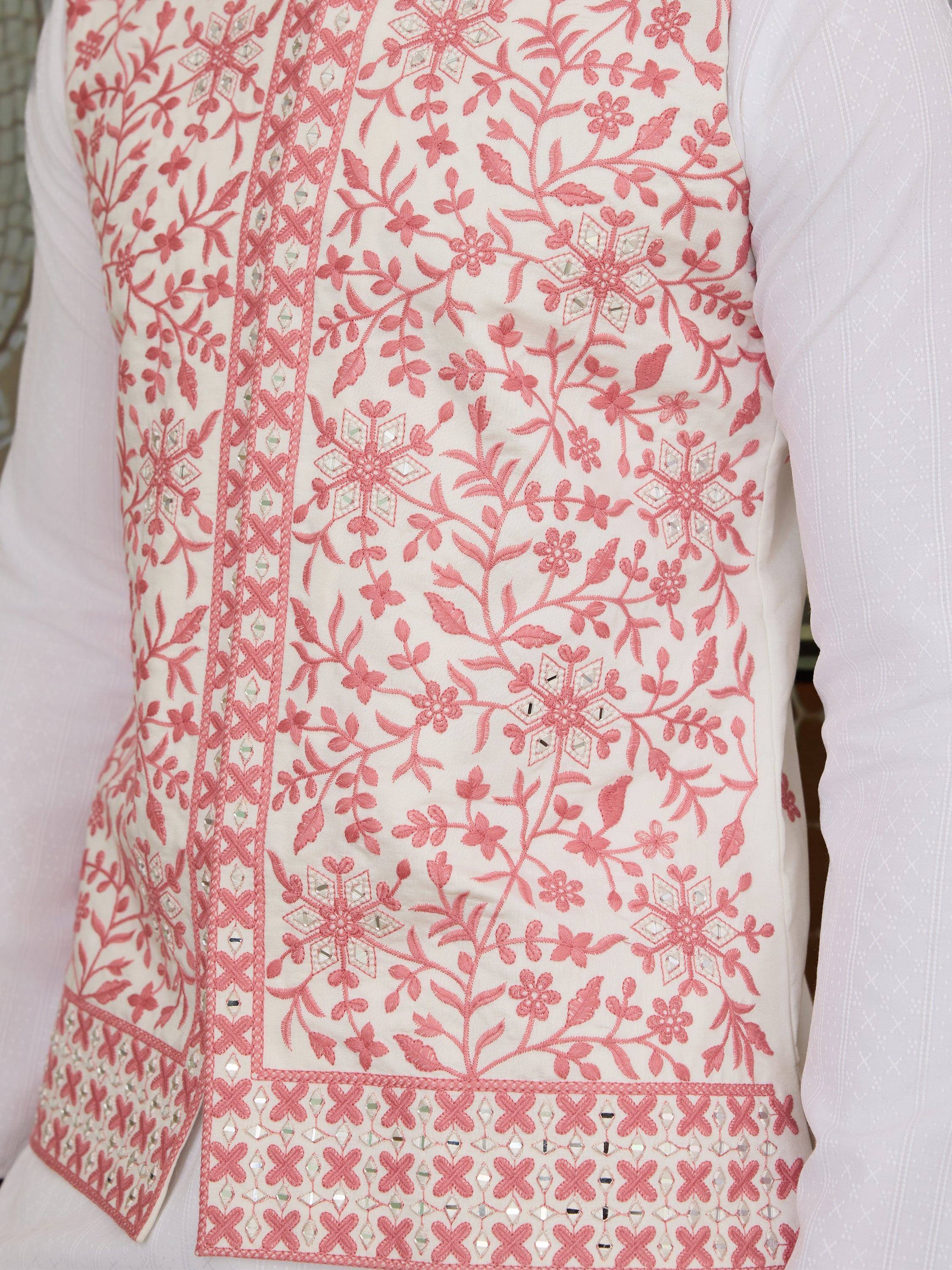 White kurta with pink floral embroidery and mirror work, ethnic Indian wear