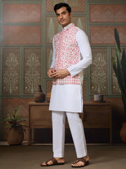 Stunning White Sequins Silk Traditional Men Kurta With Pant And Jacket