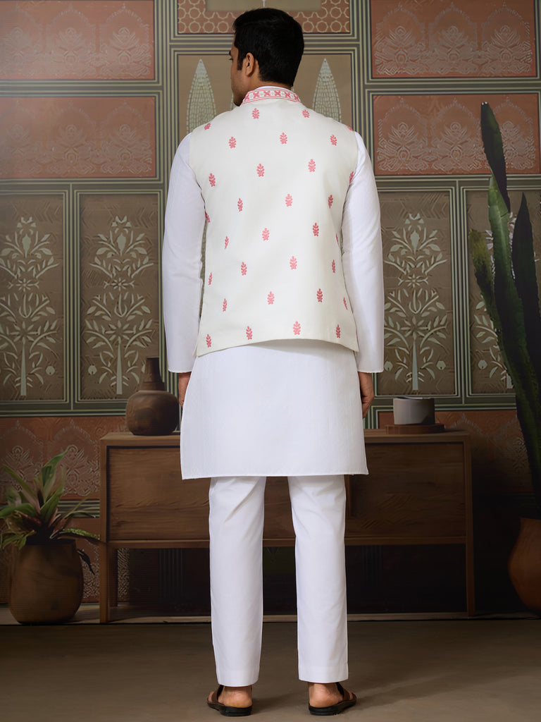 Stunning White Sequins Silk Traditional Men Kurta With Pant And Jacket