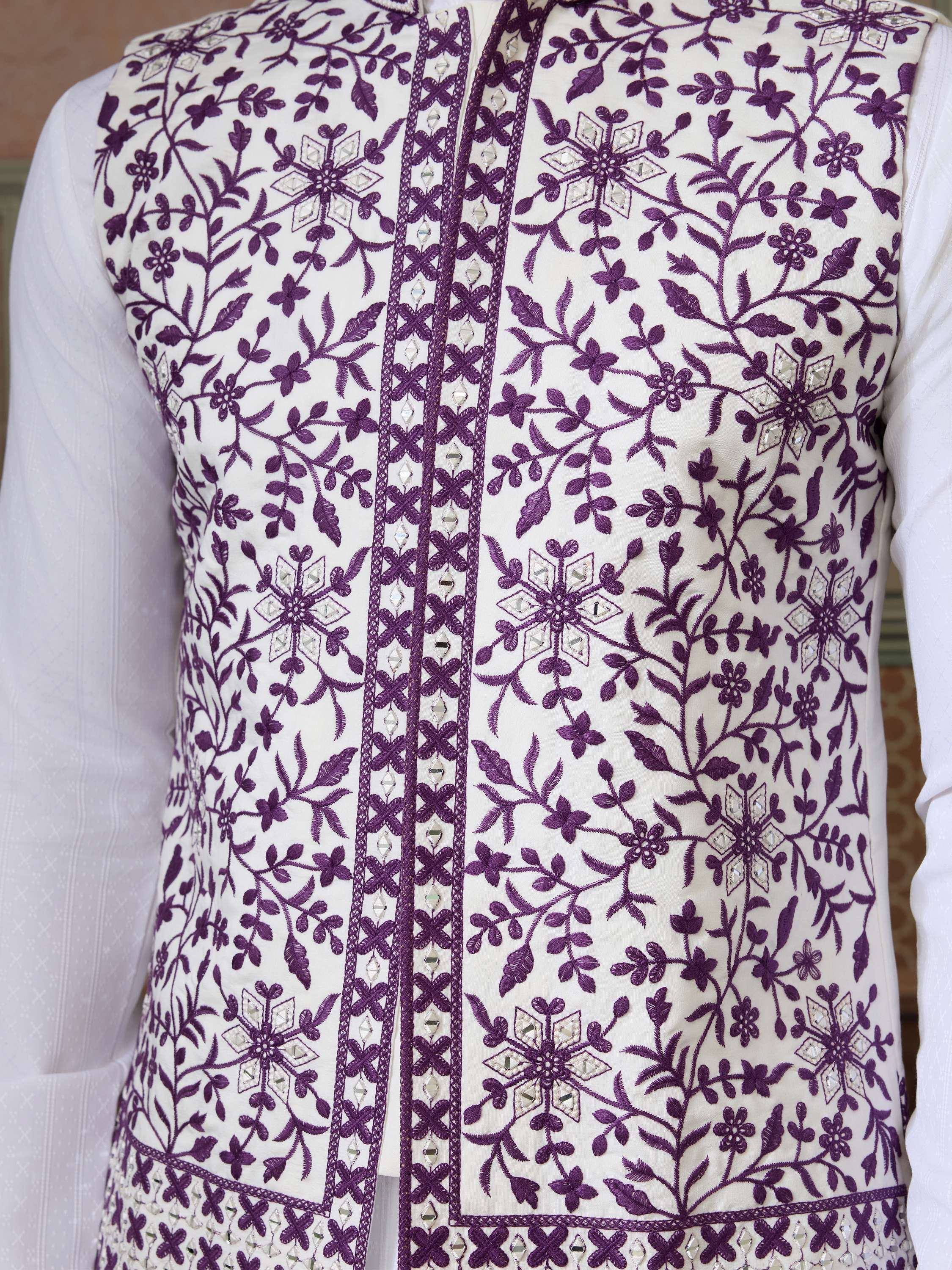 White and purple embroidered ethnic vest with floral mirror work, perfect for Indian wear