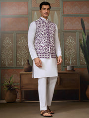 Dazzling White Sequins Silk Wedding For Men Kurta With Pant And Jacket