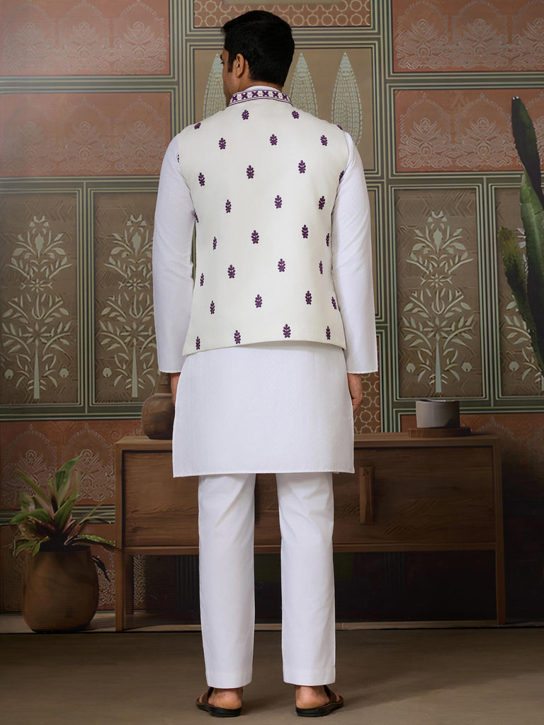 Dazzling White Sequins Silk Wedding For Men Kurta With Pant And Jacket