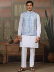Gorgeous White Thread Embroidered Silk Men Kurta With Pant And Jacket