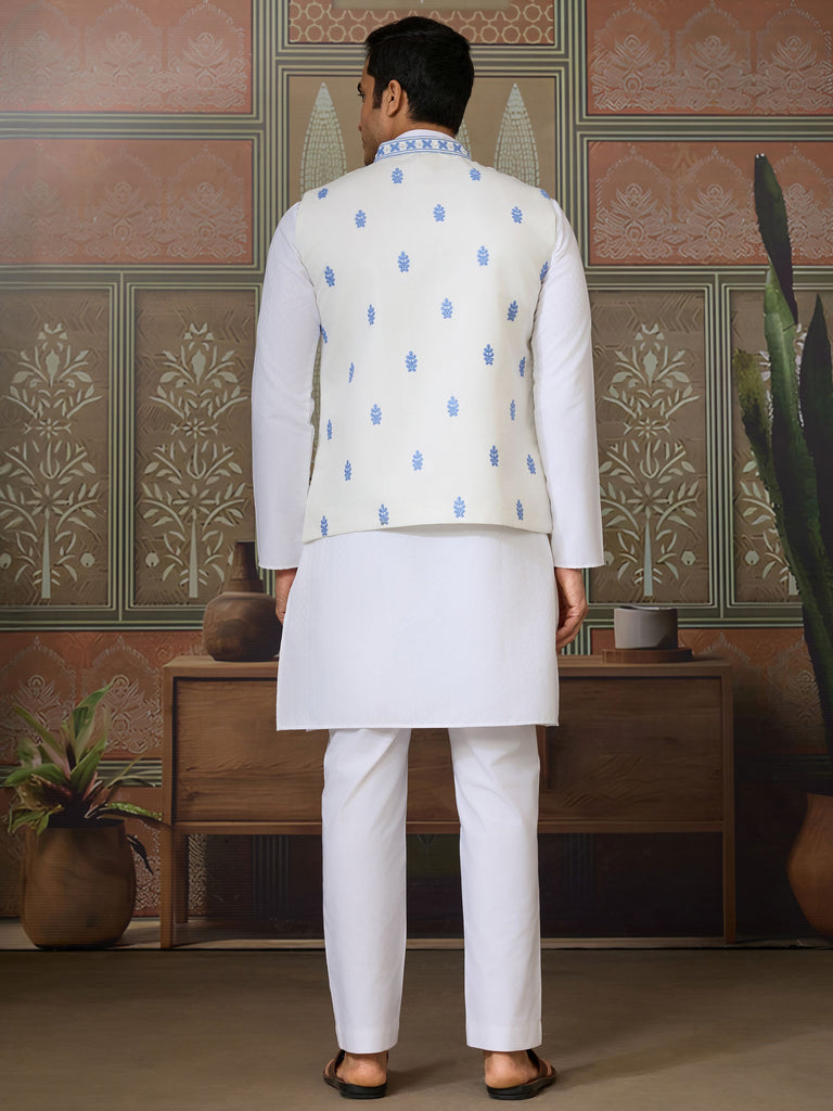 Gorgeous White Thread Embroidered Silk Men Kurta With Pant And Jacket