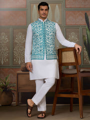 Tantalizing White Sequins Silk Wedding For Men Kurta With Pant And Jacket