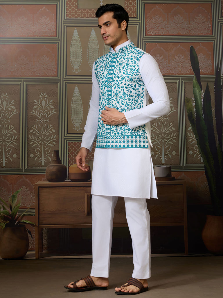 Tantalizing White Sequins Silk Wedding For Men Kurta With Pant And Jacket