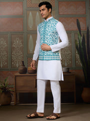 Tantalizing White Sequins Silk Wedding For Men Kurta With Pant And Jacket