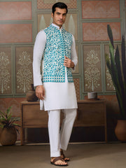 Tantalizing White Sequins Silk Wedding For Men Kurta With Pant And Jacket