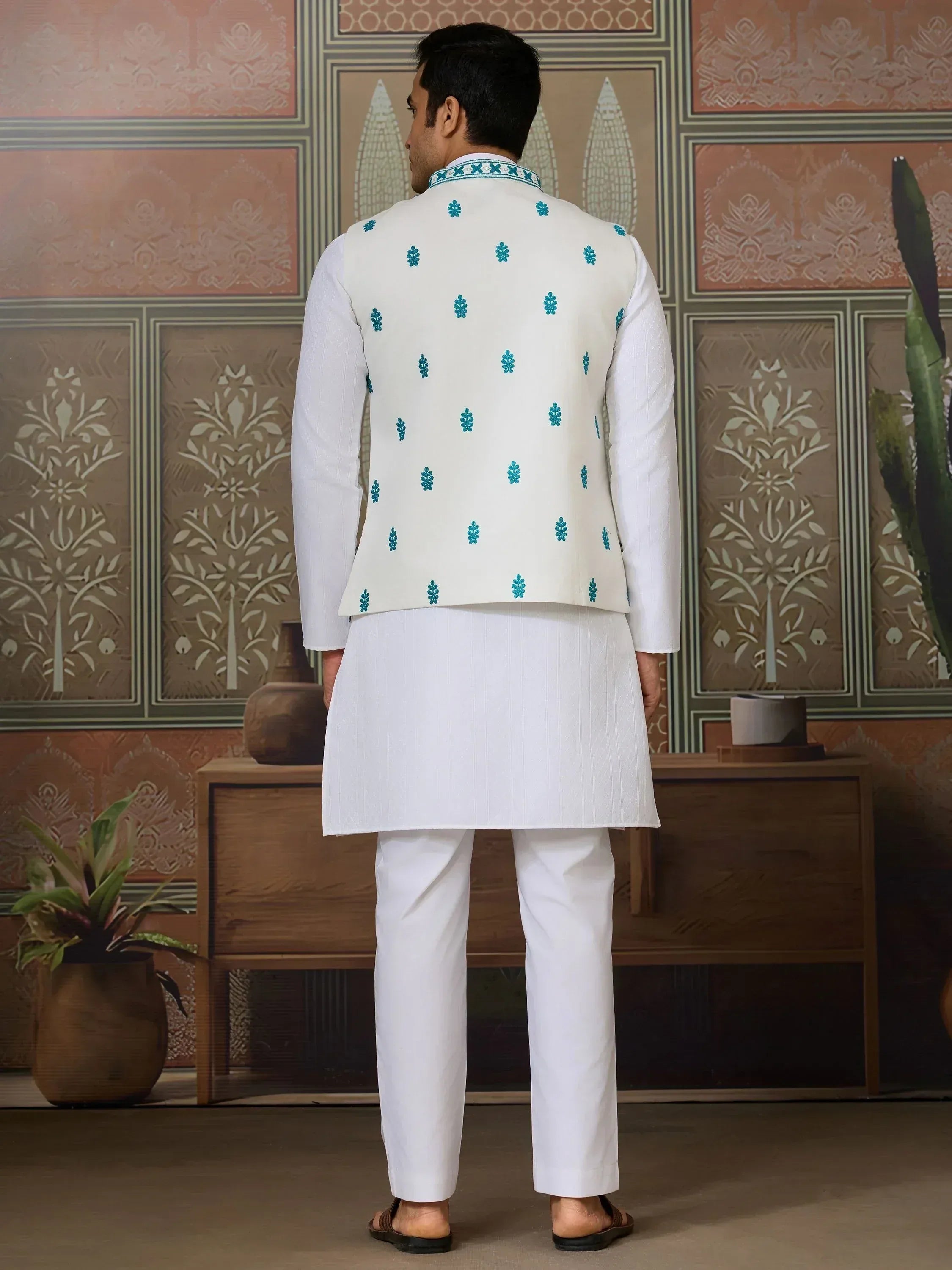 White kurta pajama with turquoise embroidered waistcoat for men, ethnic Indian wear