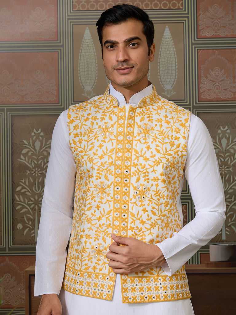 Mesmerizing White Thread Work Silk Function Wear Men Kurta With Pant And Jacket