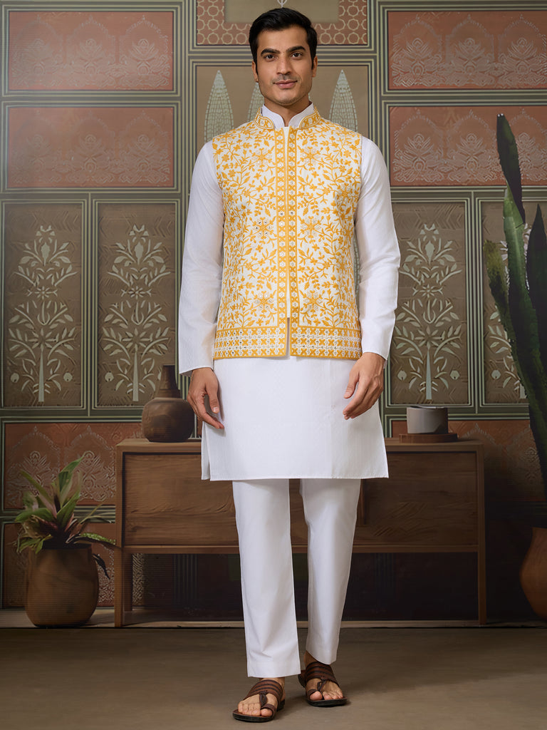 Mesmerizing White Thread Work Silk Function Wear Men Kurta With Pant And Jacket