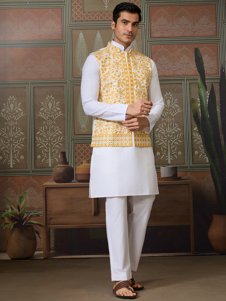 Mesmerizing White Thread Work Silk Function Wear Men Kurta With Pant And Jacket