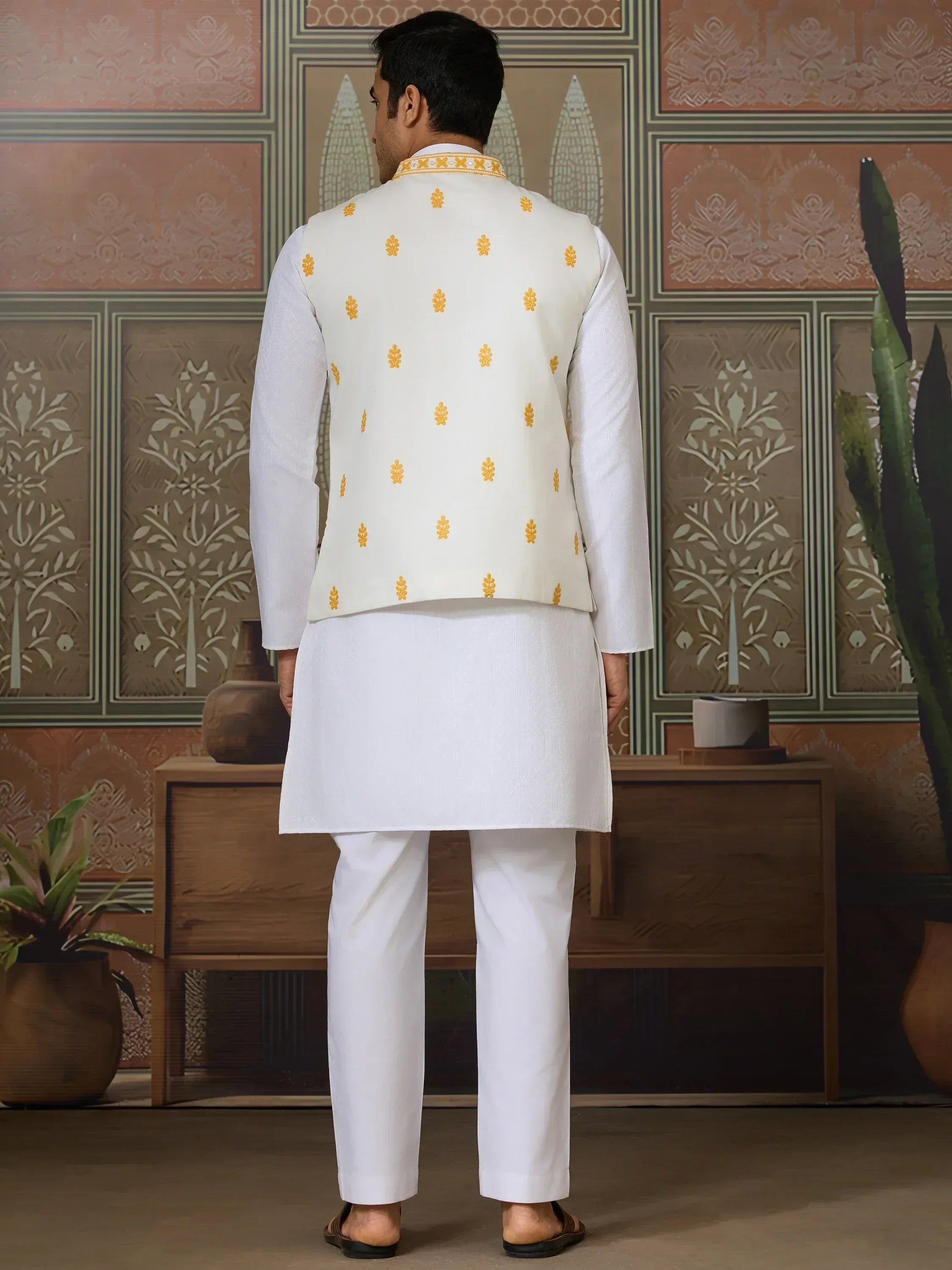 White kurta pajama with gold embroidered waistcoat, Indian ethnic wear for men