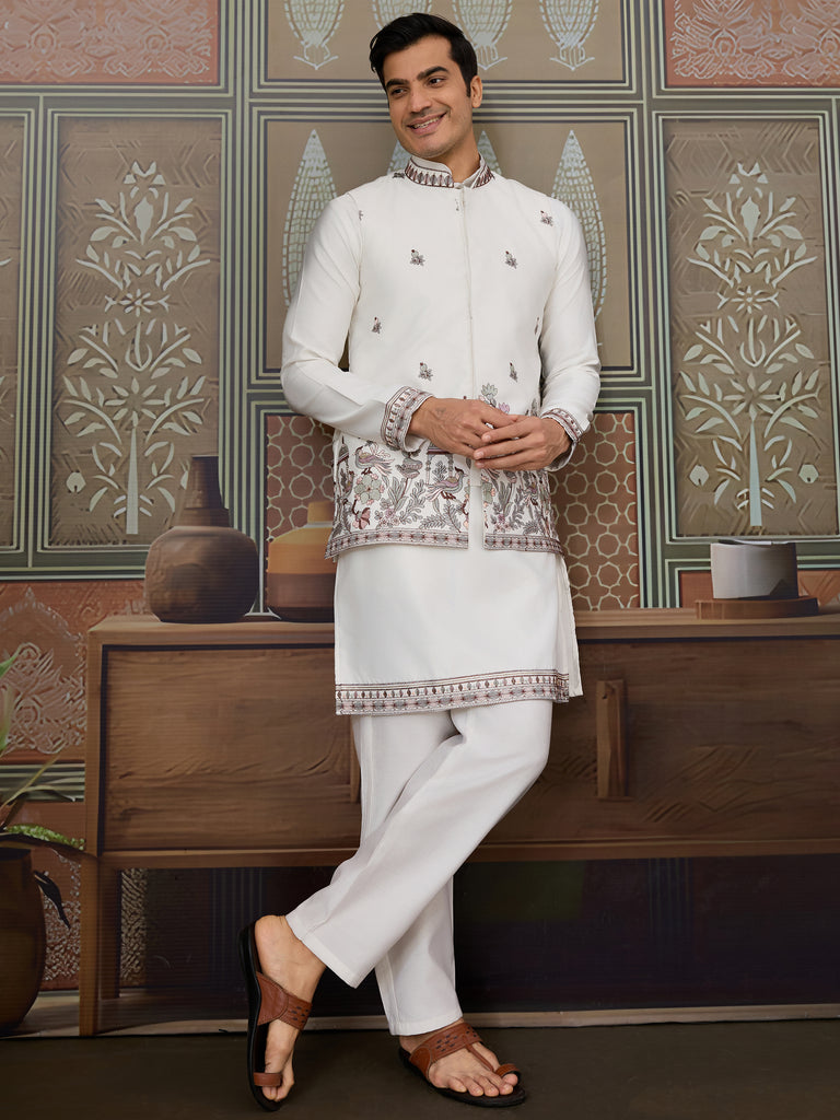 Incredible White Embroidered Silk Designer Men Kurta With Pant And Jacket