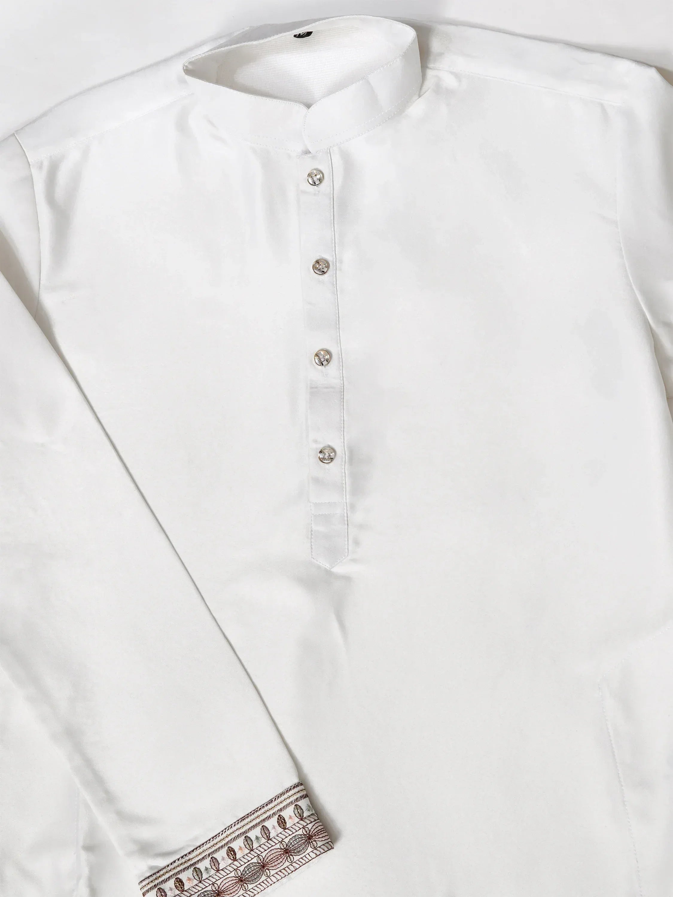 White ethnic kurta with embroidered cuff and button placket for men