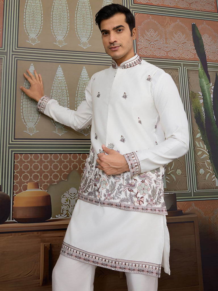 Incredible White Embroidered Silk Designer Men Kurta With Pant And Jacket