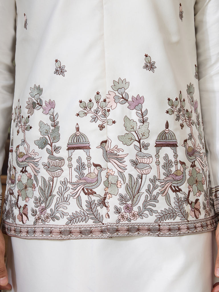 Incredible White Embroidered Silk Designer Men Kurta With Pant And Jacket