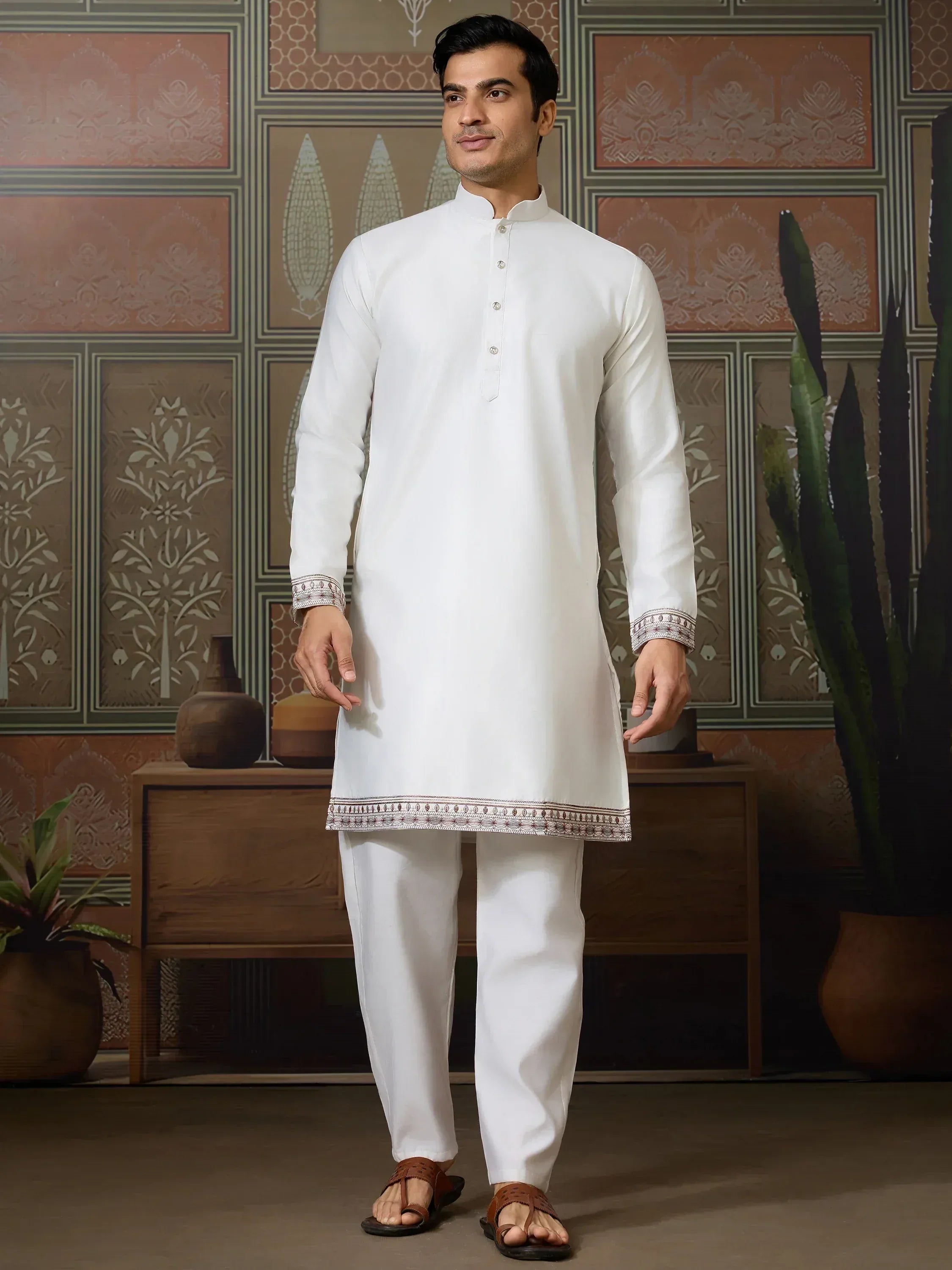 White embroidered kurta pajama set for men, ethnic wear with traditional detailing