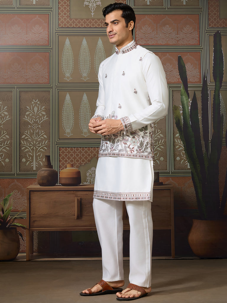 Incredible White Embroidered Silk Designer Men Kurta With Pant And Jacket