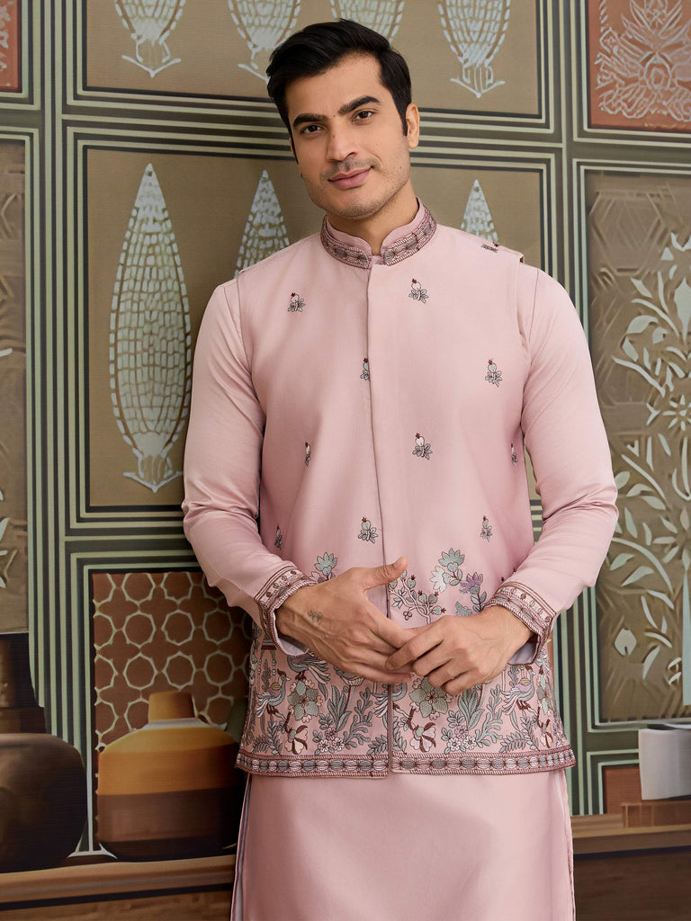 Rich Pink Thread Work Silk Wedding For Men Kurta With Pant And Jacket