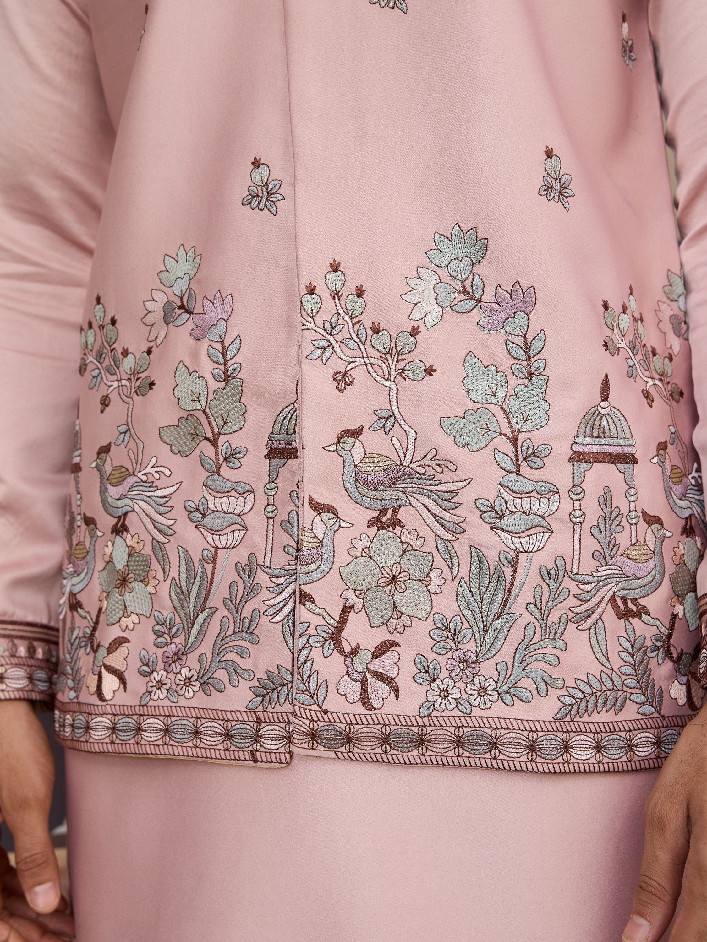 Rich Pink Thread Work Silk Wedding For Men Kurta With Pant And Jacket