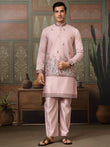 Rich Pink Thread Work Silk Wedding For Men Kurta With Pant And Jacket
