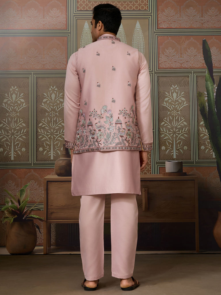 Rich Pink Thread Work Silk Wedding For Men Kurta With Pant And Jacket