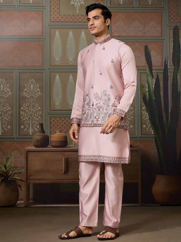 Rich Pink Thread Work Silk Wedding For Men Kurta With Pant And Jacket
