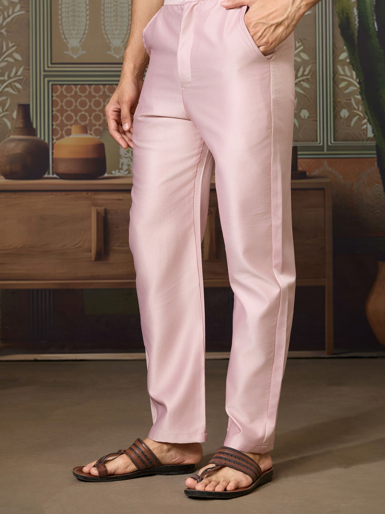 Rich Pink Thread Work Silk Wedding For Men Kurta With Pant And Jacket