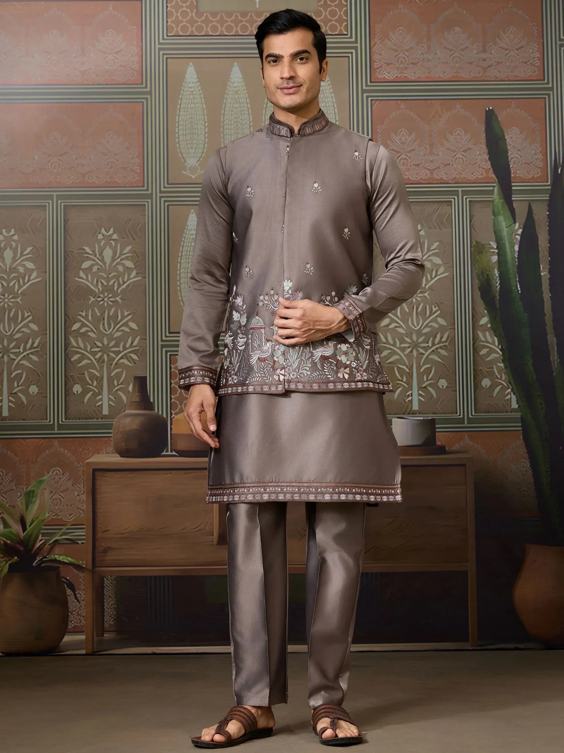 Men's grey embroidered kurta set with matching pants, perfect for Indian ethnic occasions.