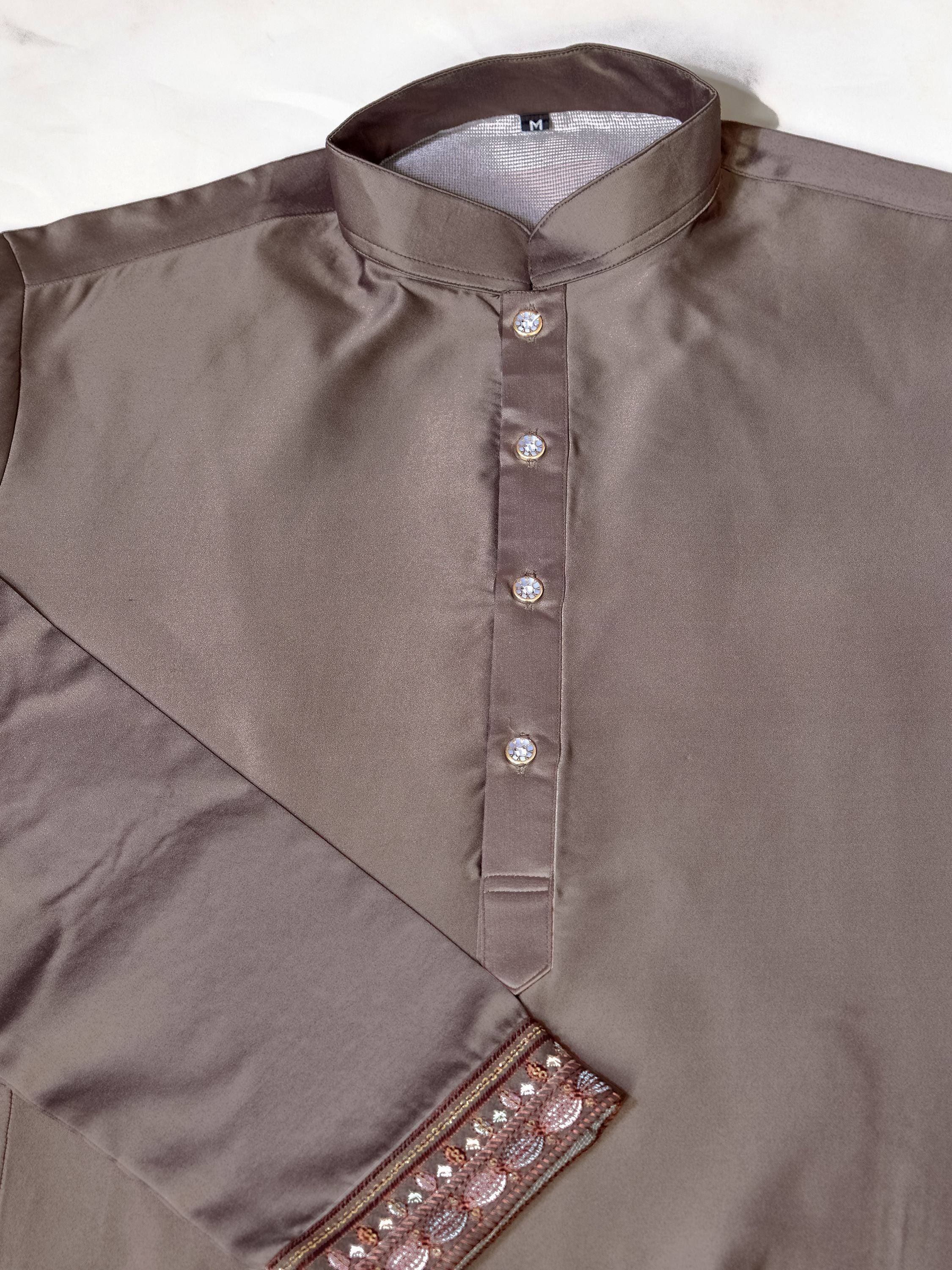 Brown satin kurta with embellished buttons and floral embroidery, ideal for Indian ethnic wear occasions.