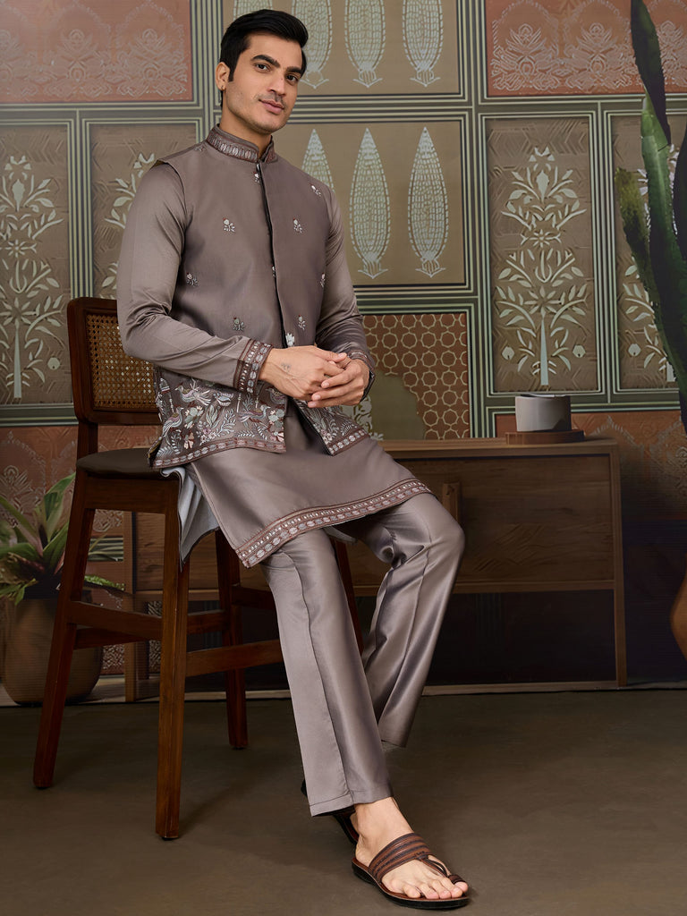 Dazzling Grey Embroidered Silk Function Wear Men Kurta With Pant And Jacket