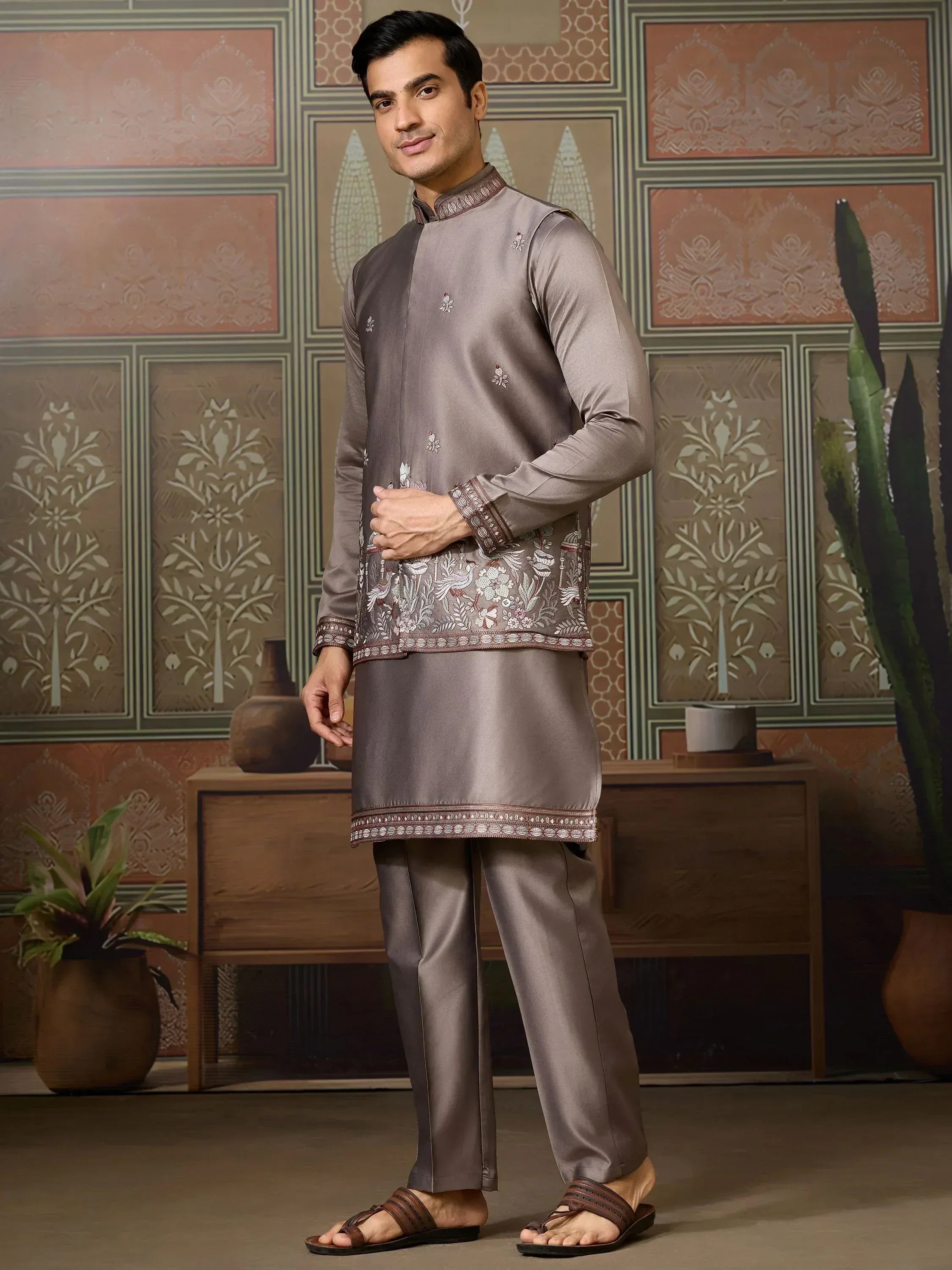 Men's grey embroidered kurta set with floral detailing, perfect for Indian ethnic occasions