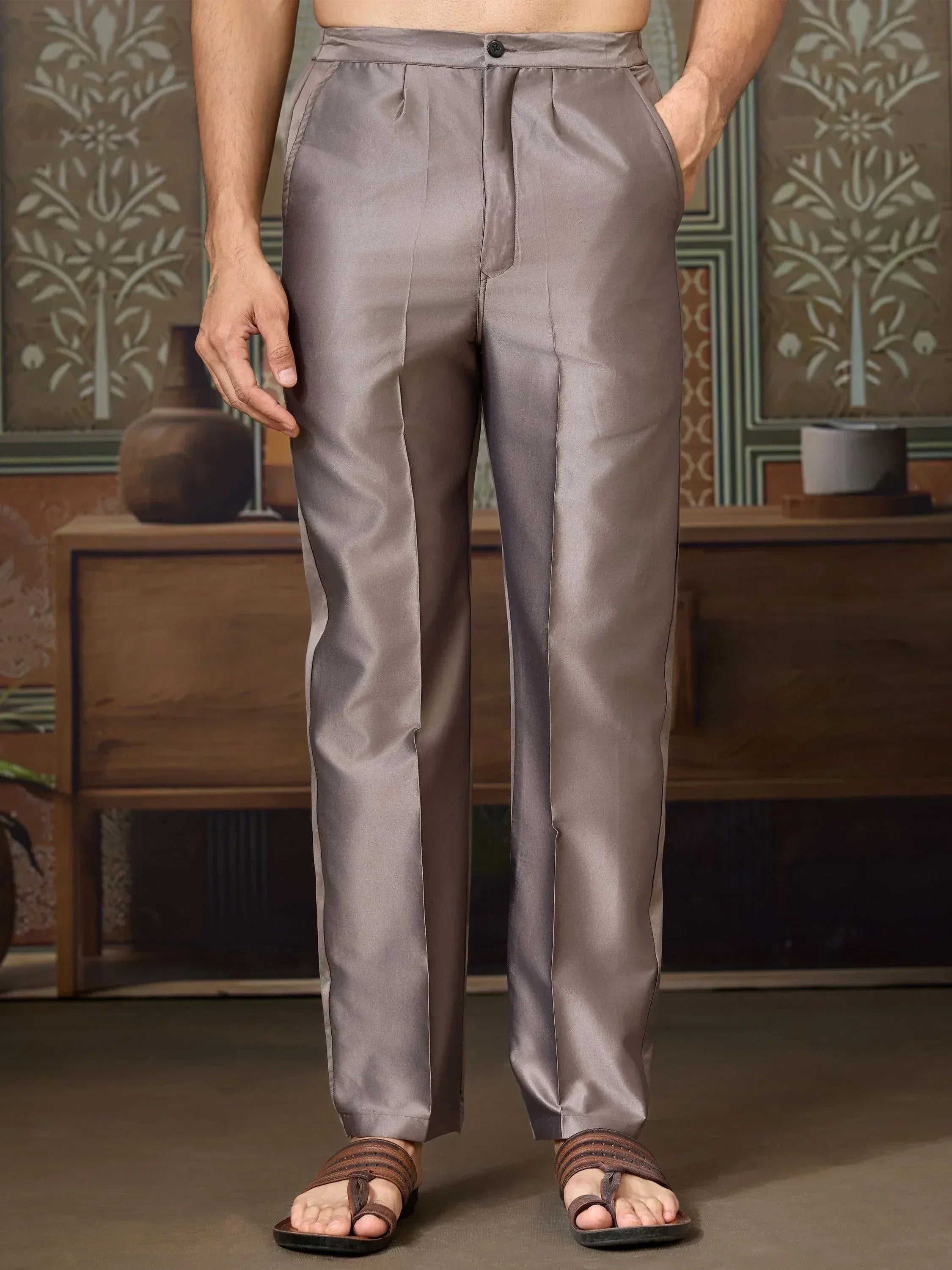 Grey satin dhoti pants for men, traditional Indian ethnic wear with pleats and side pockets