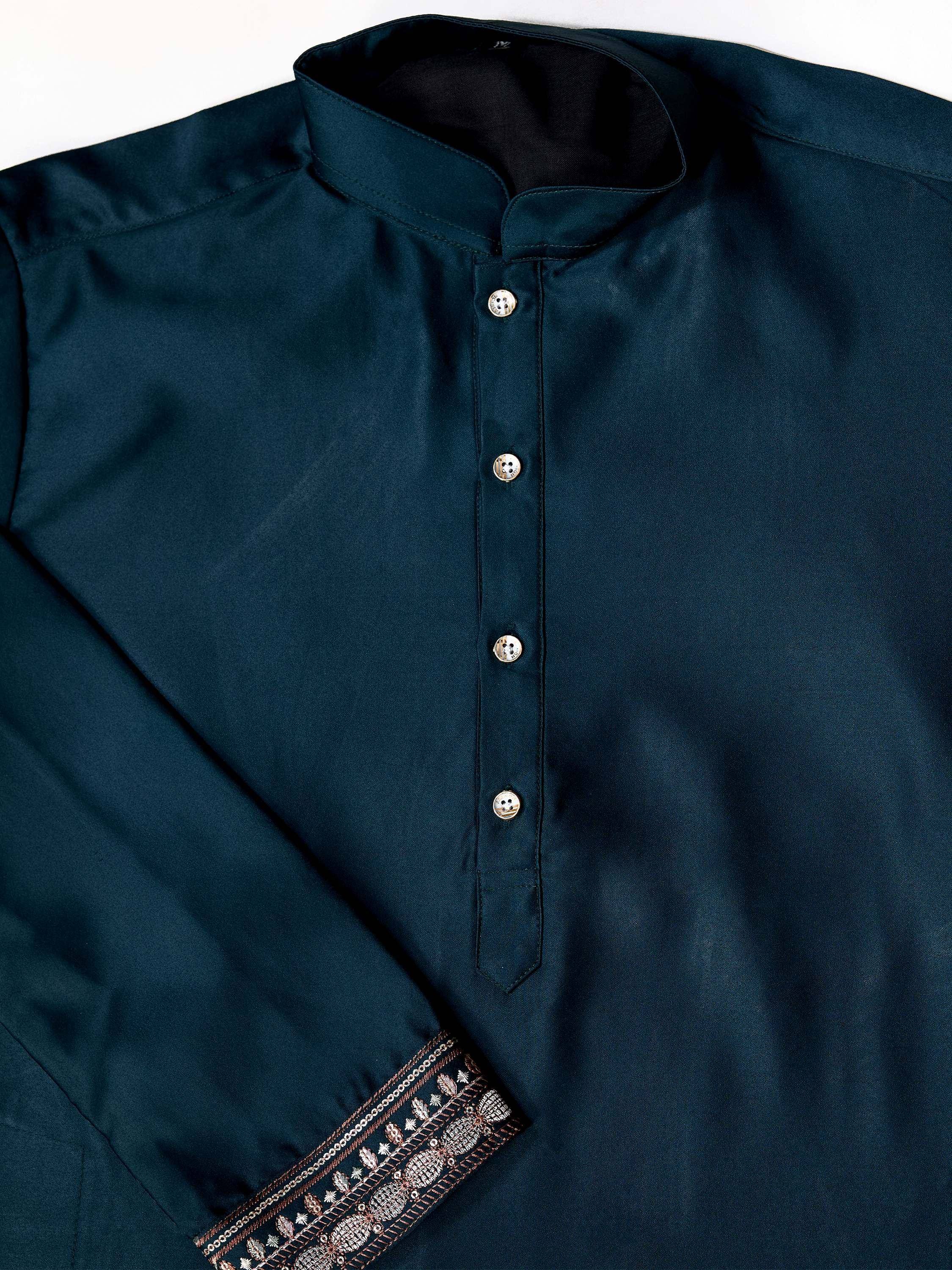 Dark green men's kurta with gold embroidery and buttons, Indian ethnic wear