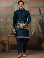 Elegant Teal Blue Thread Work Silk Wedding For Men Kurta With Pant And Jacket