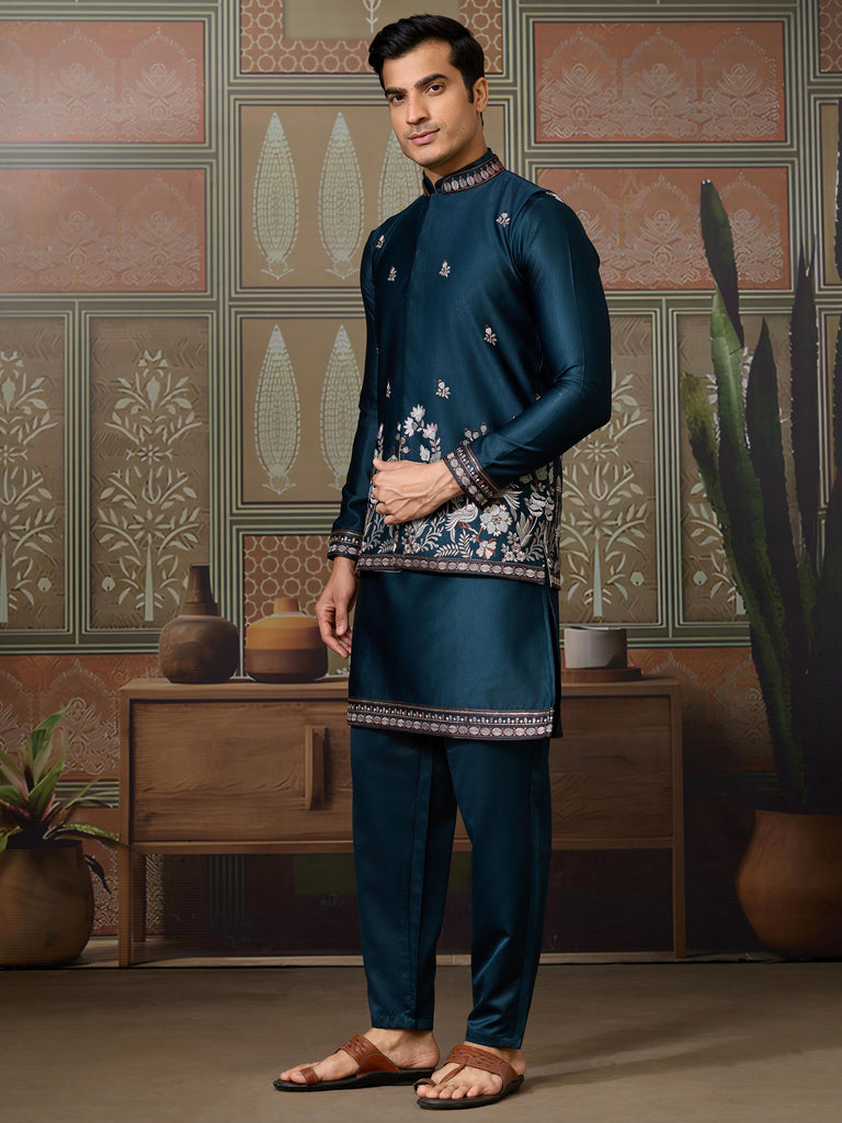 Elegant Teal Blue Thread Work Silk Wedding For Men Kurta With Pant And Jacket